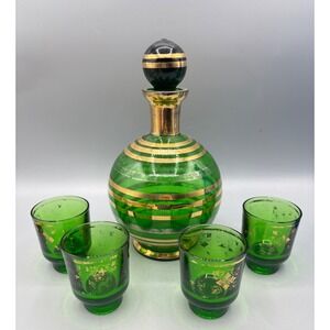 Vintage Emerald Green Glass Decanter Set Gold Gilt Bands 4 Shot Glasses Stopper